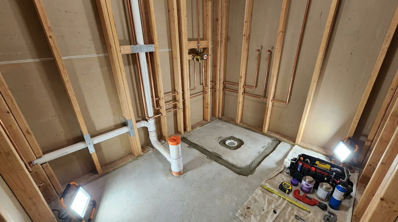 Bathroom rough-in plumbing during remodel by Johns Plumbing LLC in Manville