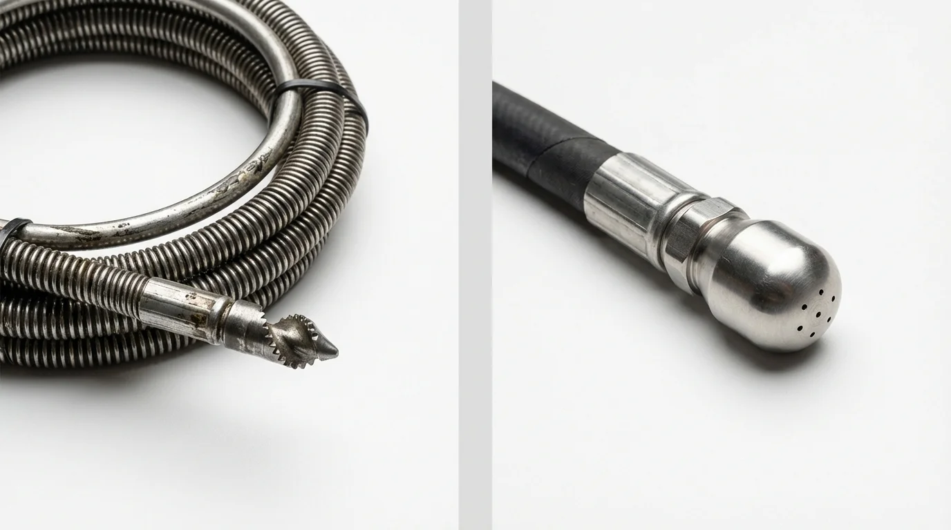 Drain snake cable and hydro jetting nozzle used for drain cleaning in Manville, NJ