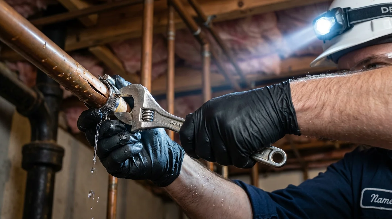 Emergency pipe clamp repair being performed by a Johns Plumbing LLC plumber in Manville