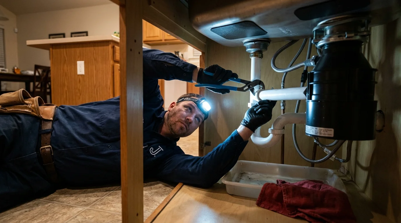 P-trap and supply line connections under a kitchen sink showing a common leak point in Manville, NJ